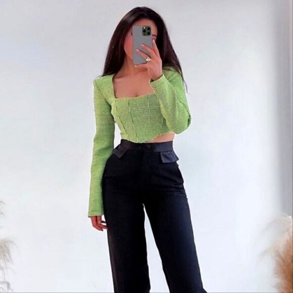 NWT Zara ❤️Bloggers Favorite Green Houndstooth Crop Top Size XS tweed te… - Picture 6 of 16